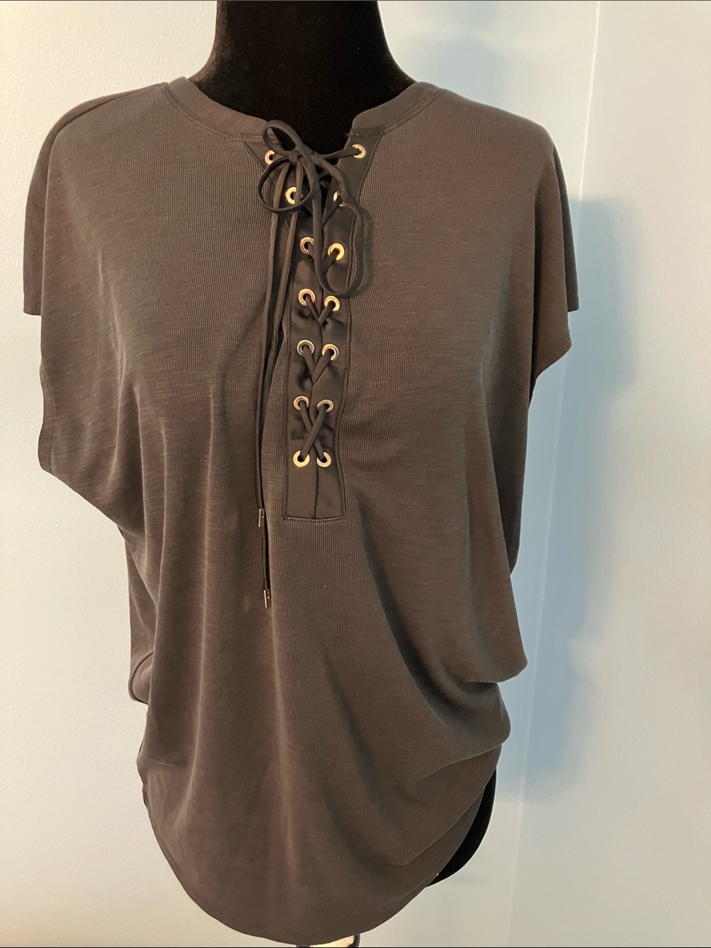 White House Black Market Deep Gray Lace-Up Short Sleeve Top